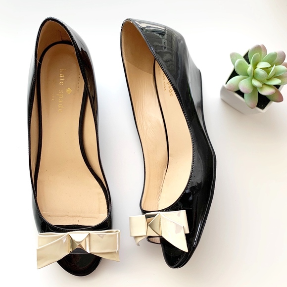 SOLD*Kate Spade • Theresa Black Peep Toe Wedges - Picture 1 of 7